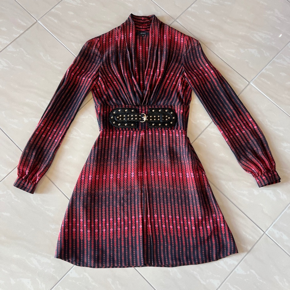 Gucci Leather Silk Belted Dress Vintage Women Red Size 40